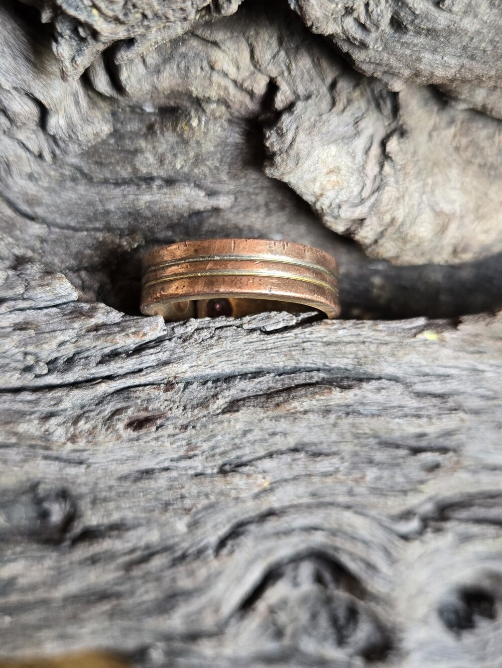 Vintage Copper Tone Adjustable Ring Grooved Band Rustic Patina Size 6.5
